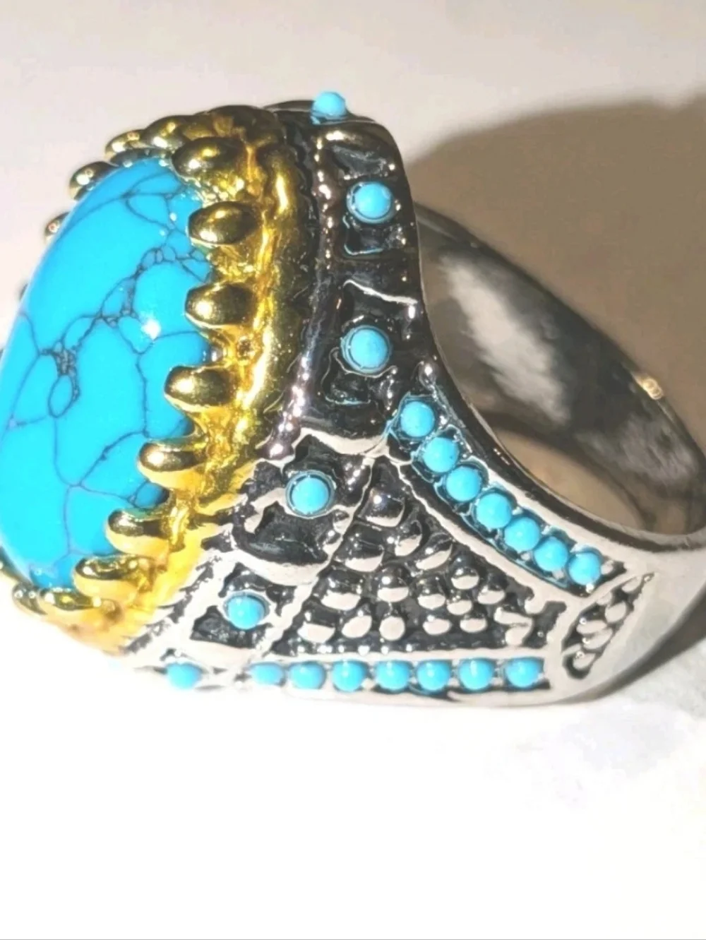Retro Punk Style Ring Simulated Turquoise Two Tone Polished Statement Band Ring